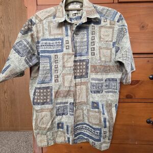 Tori Richard Button Up Shirt Medium Cotton Tan Green Geometric Tropical …